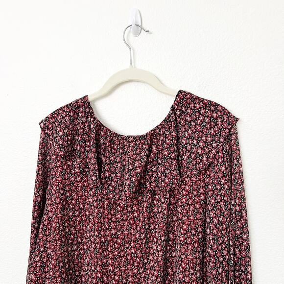 [LOFT] Red Black Floral Print Ruffle Neck Long Sleeve V-Neck Blouse Size Large L - Picture 4 of 11